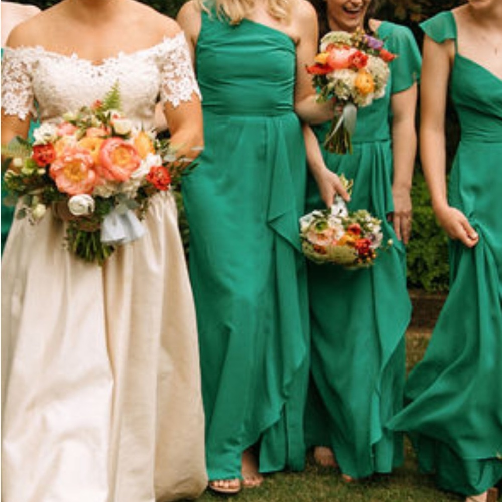 chiffon one-shoulder dress with cascade juniper size 4 David’s bridal